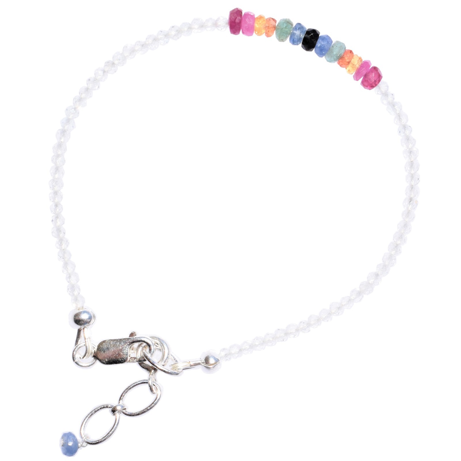 925 Sterling Natural White Topaz Rainbow Sapphires & Rubies Bracelet + Charger