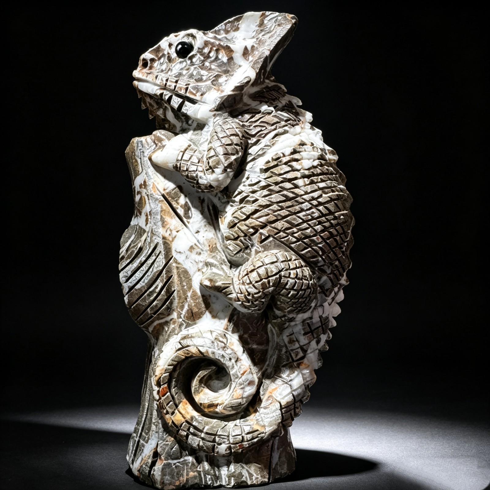 Hand Carved Natural Chocolate Stone Chameleon Figurine, Collectible Desk Decor