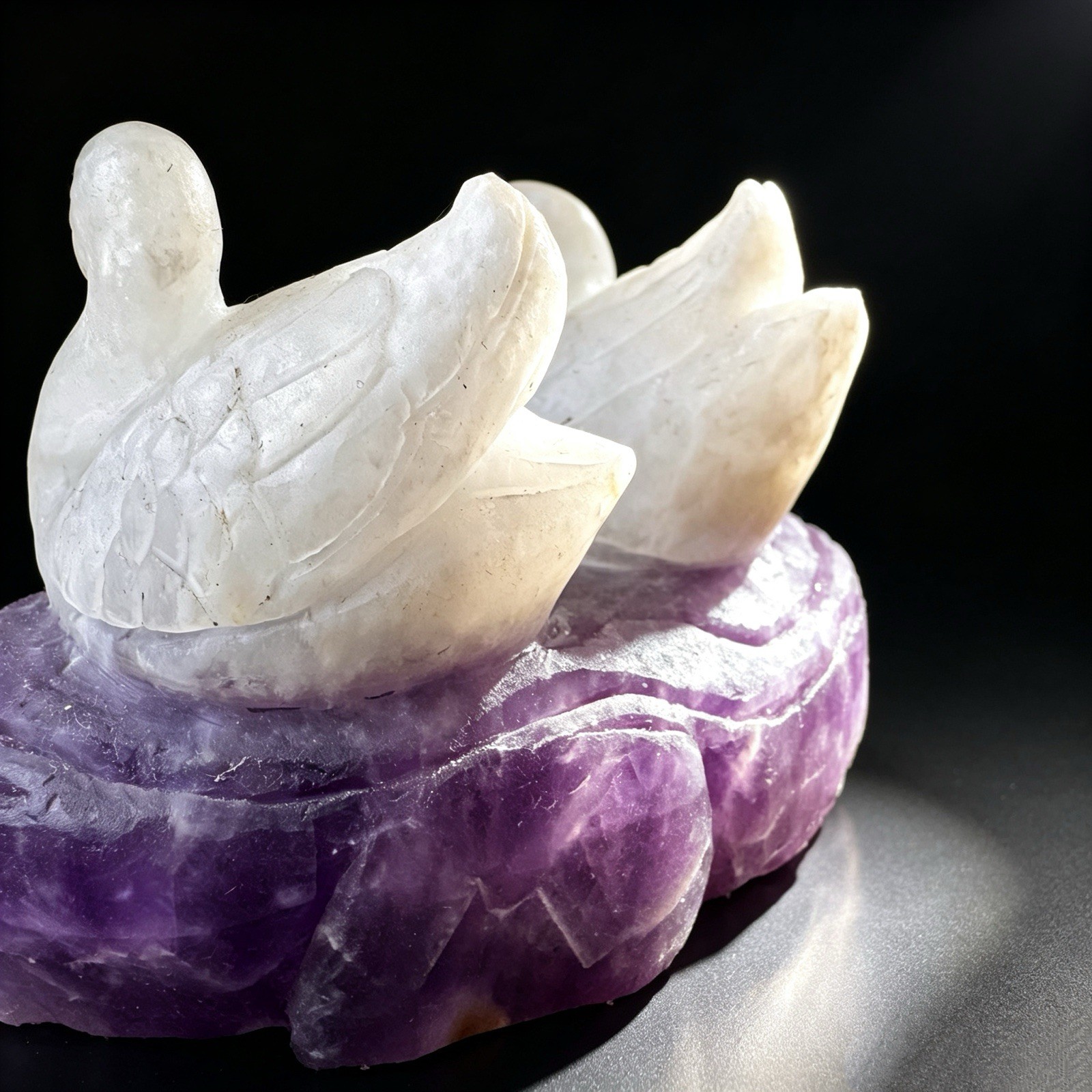 441gTwin Swan Amethyst Sculpture: Soulmate Talisman Carved from Peaceful Stone