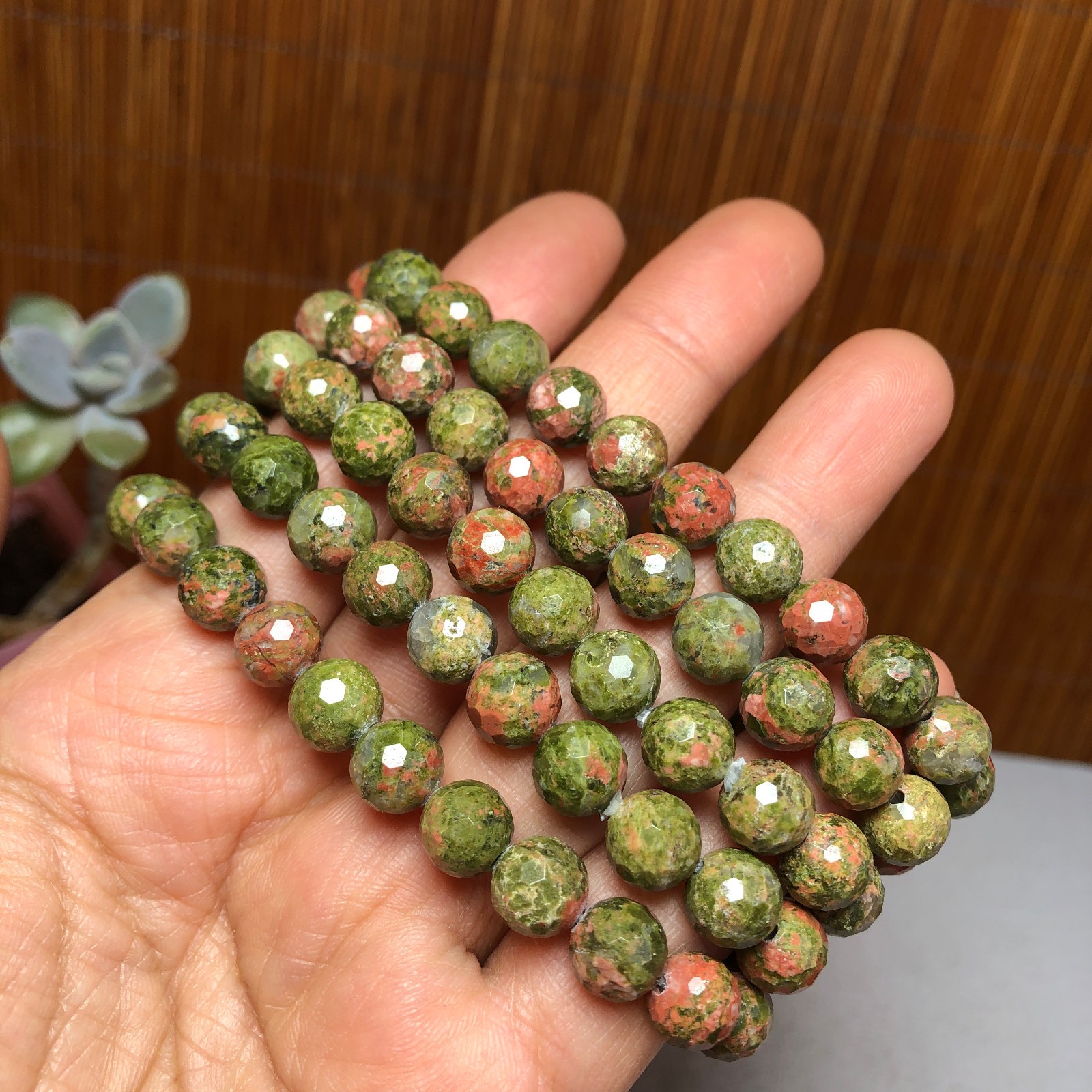 5Pcs Wholesal Natural Polish Unakite stone bracelets Crystal ball 8mm facet 3427