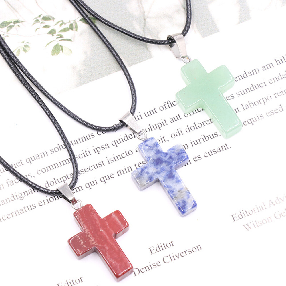 Natural Quartz Crystal Cross Pendant Chakra Stone Mixed Crucifix Shape Decor DIY