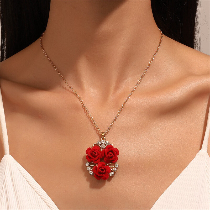 Women’s Fashion Jewelry Set Red Roses Flower Gold Earrings Ring Necklace Suit