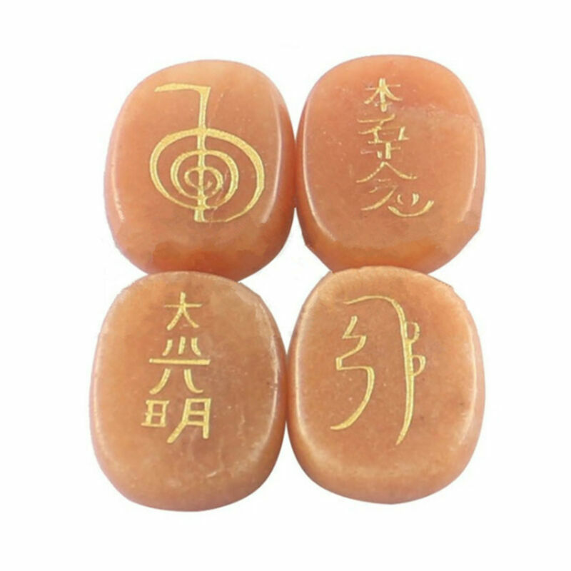 4pcs/Set 7 Chakra Palm Stone Set Engraved Usui Symbols Reiki Crystal Stones
