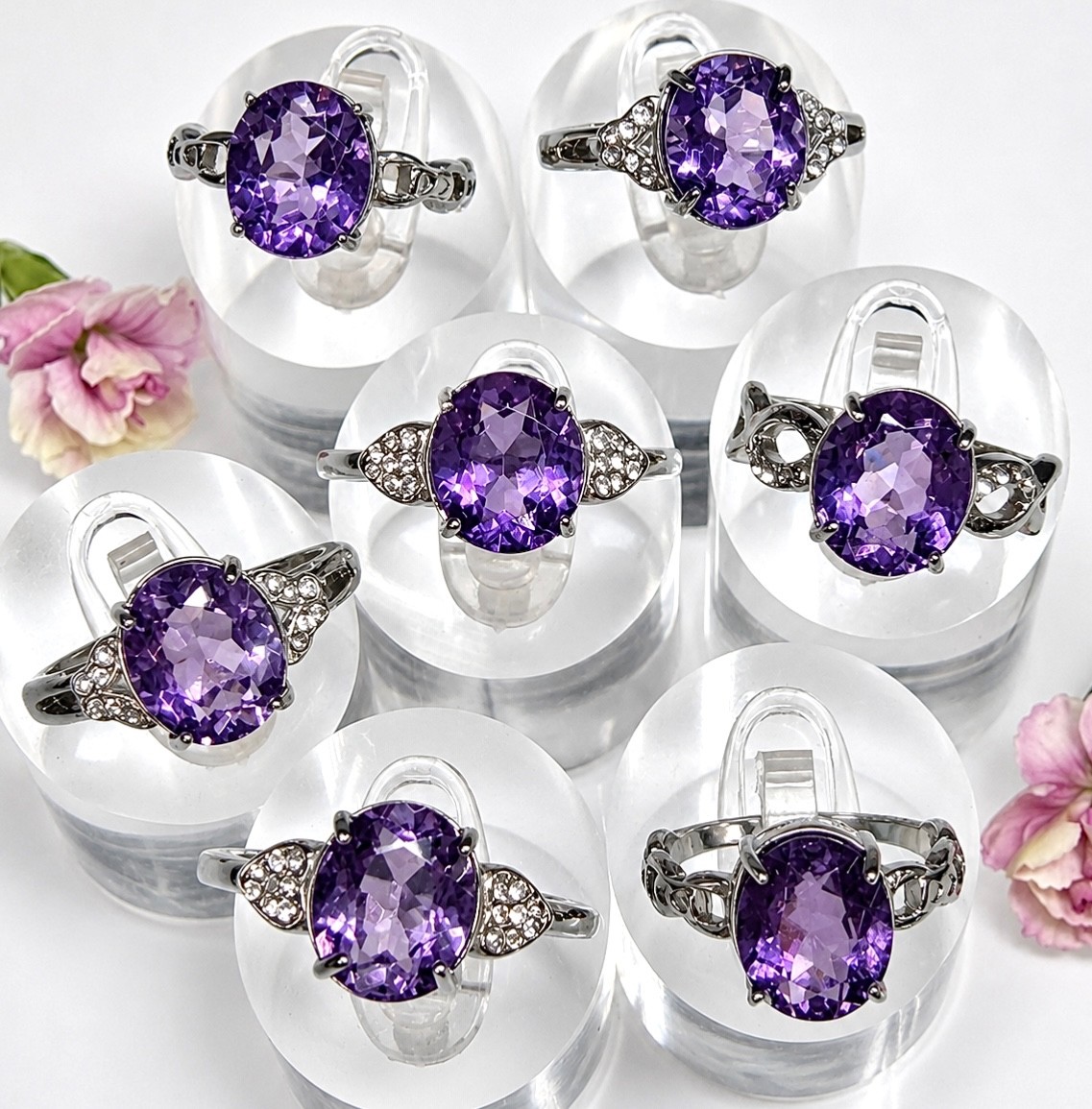 Wholesale 7 pcs Faceted Natural Amethyst Stainless Steel(316) Rings 9x11mm