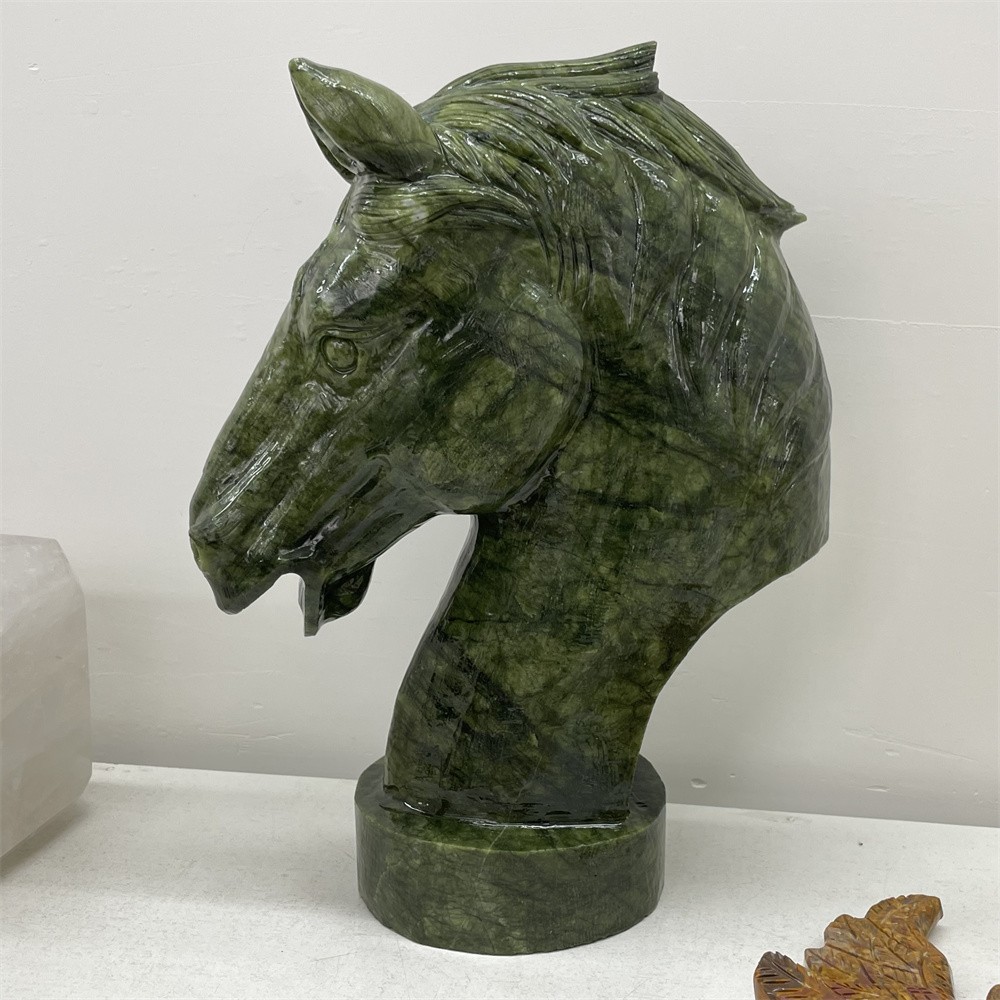 22.9LB 13.1″Large Natural Xiuyan Jade Horse Head Crystal Quartz Carve Reiki Gift