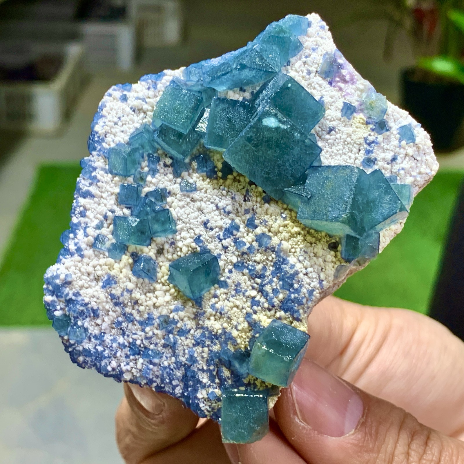 130G Rare transparent green cubic fluorite mineral crystal sample