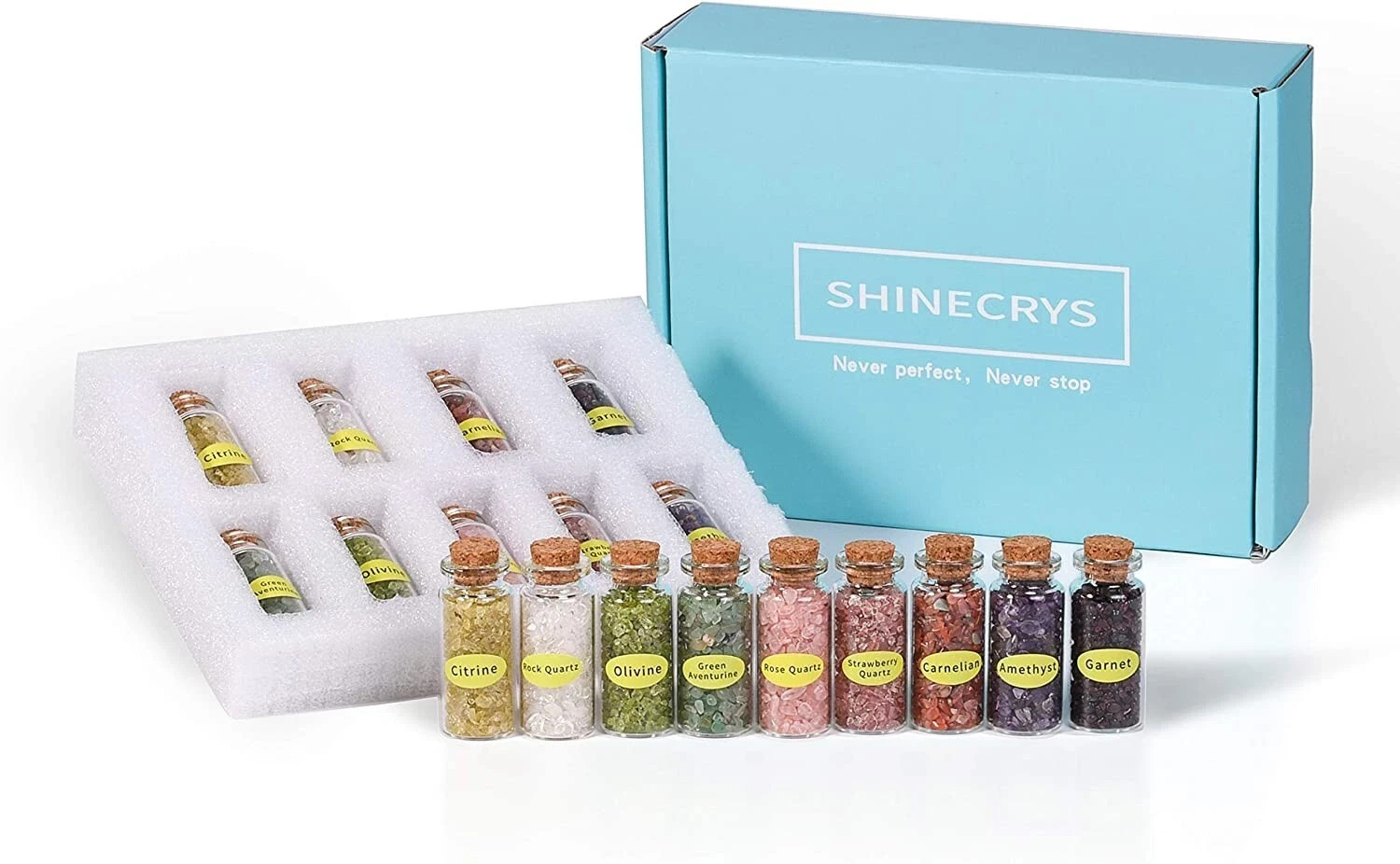 SHINECRYS Wicca Stone Set of 9 Mini Gemstone & Crystals Bottles – Healing Stones