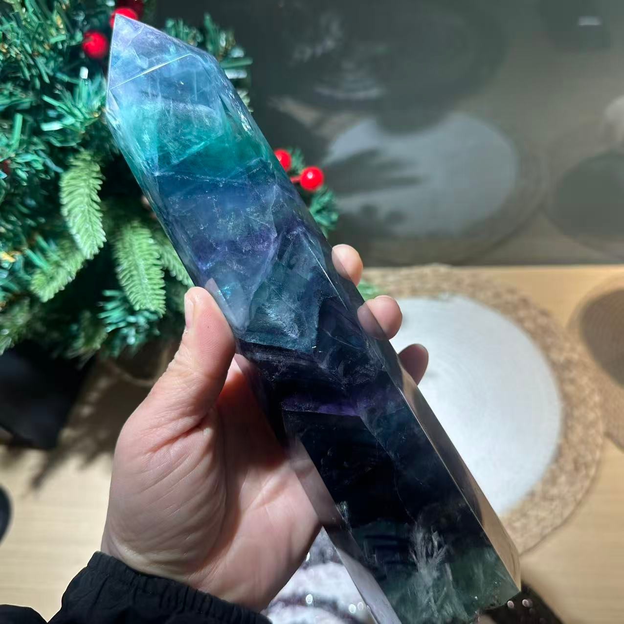 3.14LB 9″ Natural Rainbow Fluorite Tower Obelisk Crystal Healing Quartz Decor