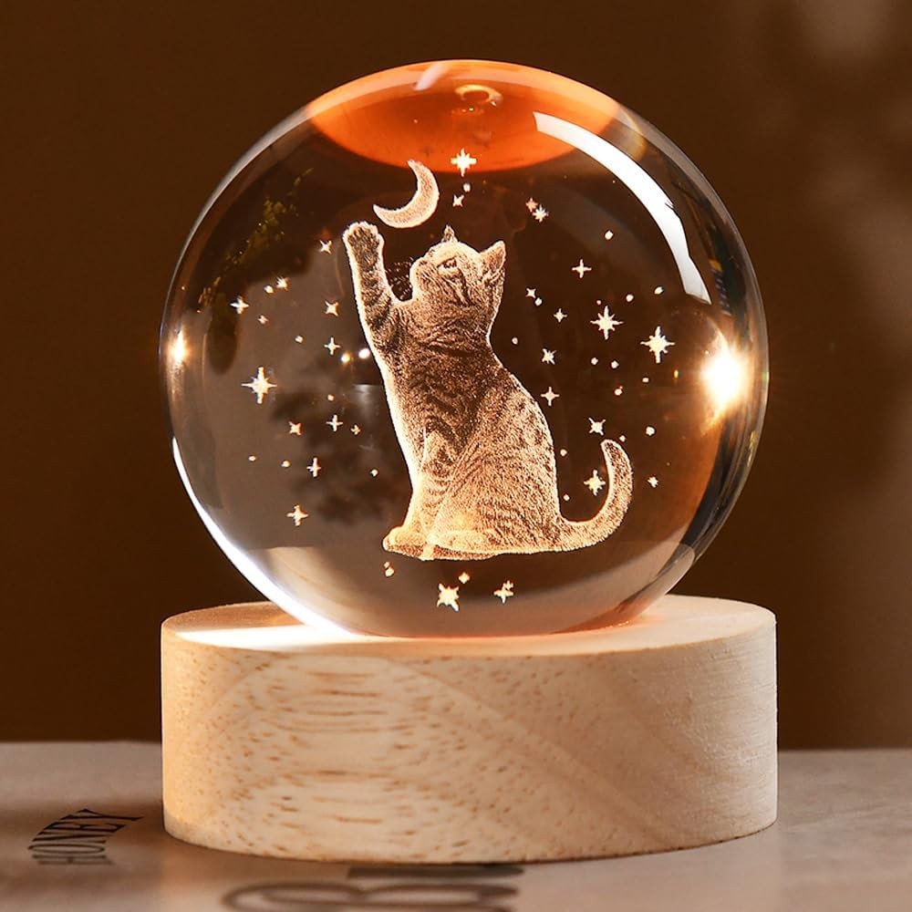 Cat Gifts for Women 3D Crystal Ball Lamp 60mm Glass Decorative With Moon