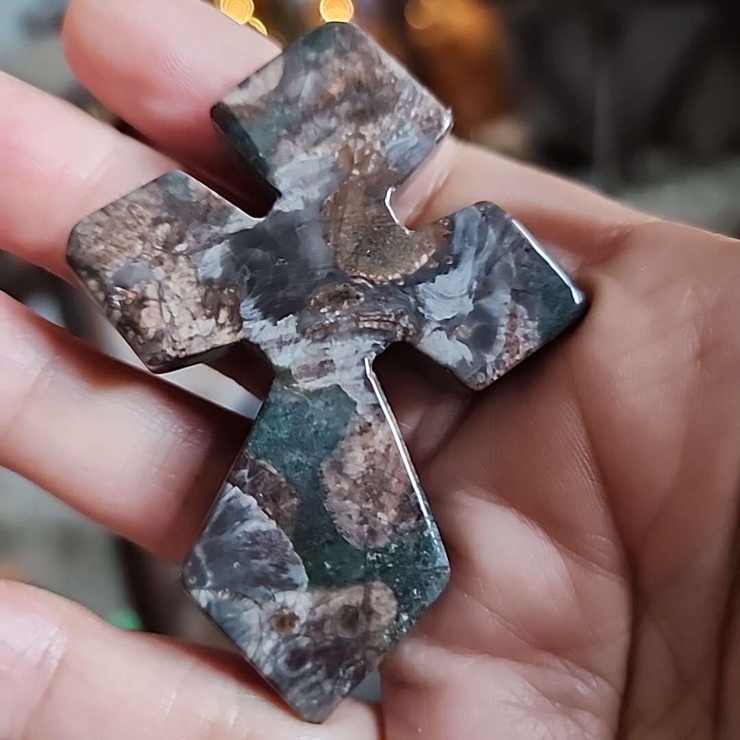 Polished Green Cherry Blossom Jasper Carved Cross – USA