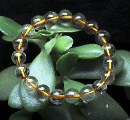 22.8g Rare Natural Clear Gold Rutilated Quartz Crystal 9mm Round Bead Hand cate