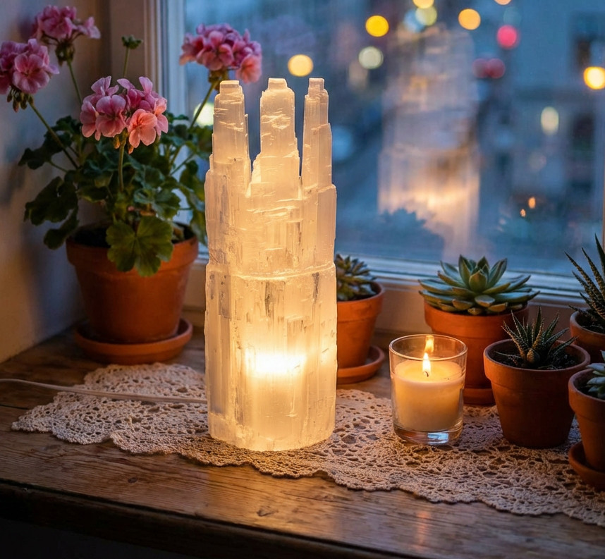 XX-LARGE SELENITE CRYSTAL TRIPLE TOWER LAMP – STANDING DISPLAY HEALING CRYSTAL