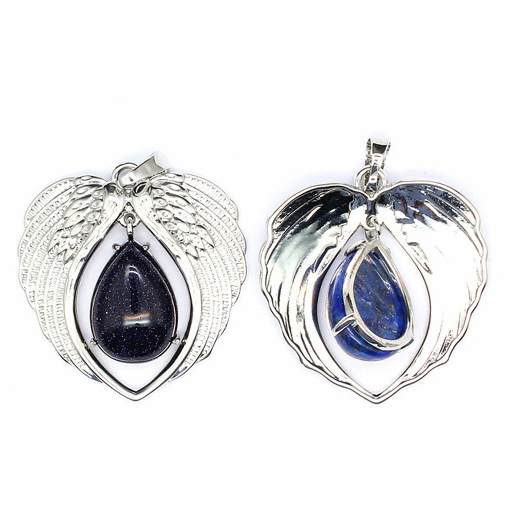 Angel Wing Pendant Natural Crystal Heart Chakra Stone Quartz Oval Drop Necklace