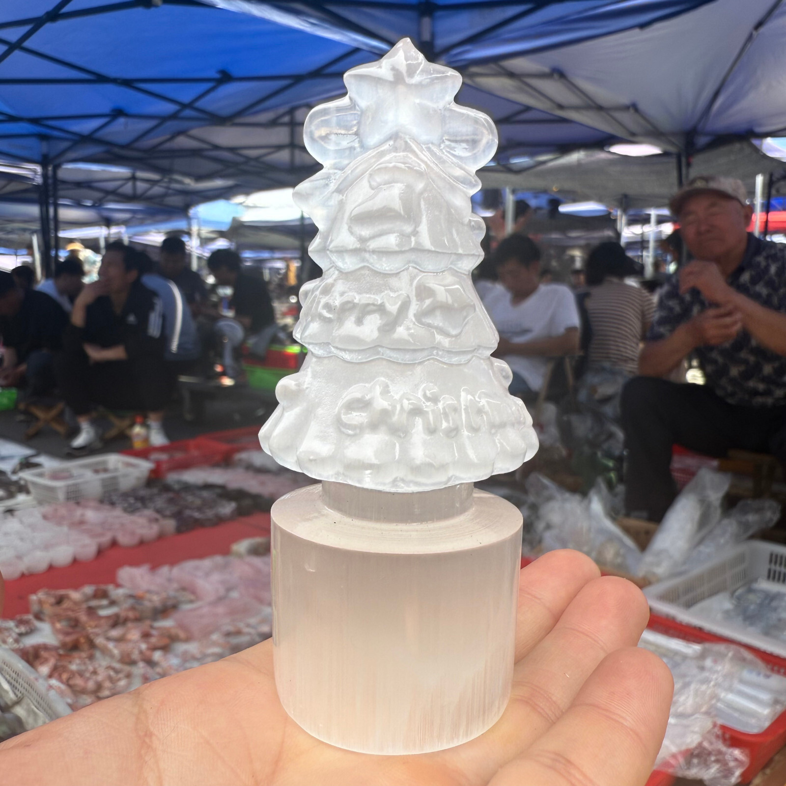 3.8″Natural White stone paste Christmas tree Quartz Crystal Carved Reiki Healing