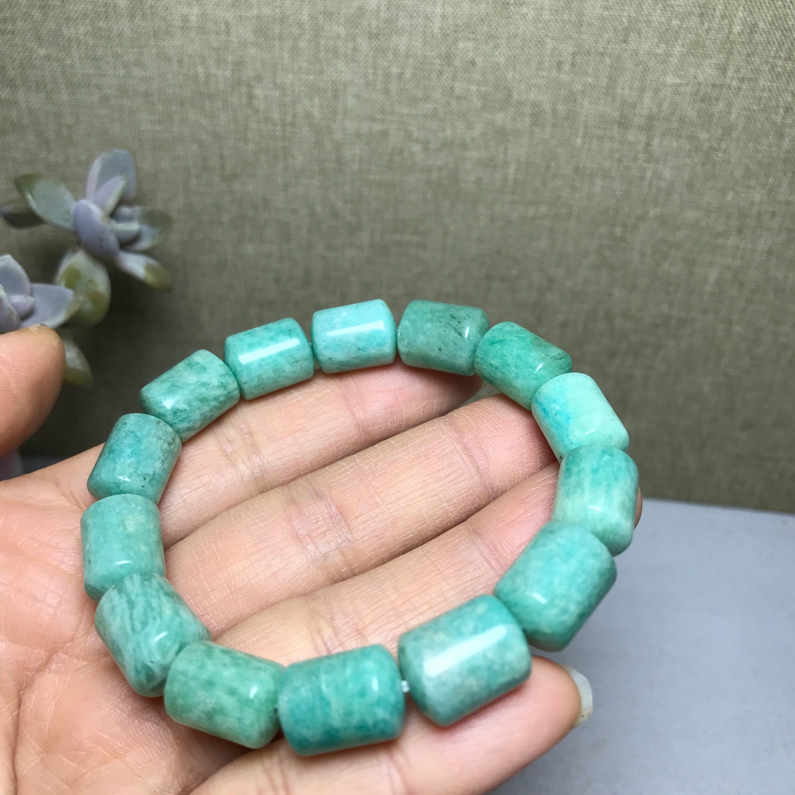 Rare Natural amazonite gemstone Crystal chain barrel beads bracelet 37g A3011