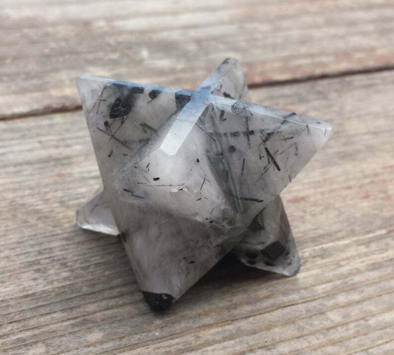 LARGE (50mm) TOURMALATED QUARTZ GEMSTONE MERKABA STAR (ONE) – BUY IT NOW