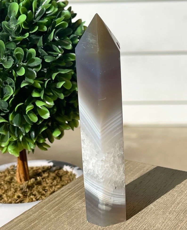 Botswana Agate Tower • Blue Grey Agate & Rainbow Quartz • Unique Crystals