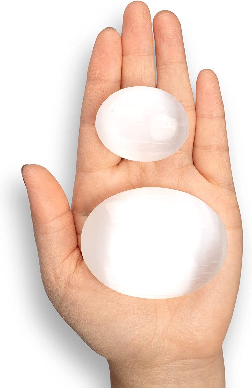 Polished Selenite Crystal Palm Stone, Worry Stones, Fidget Stone, 2 pc Set