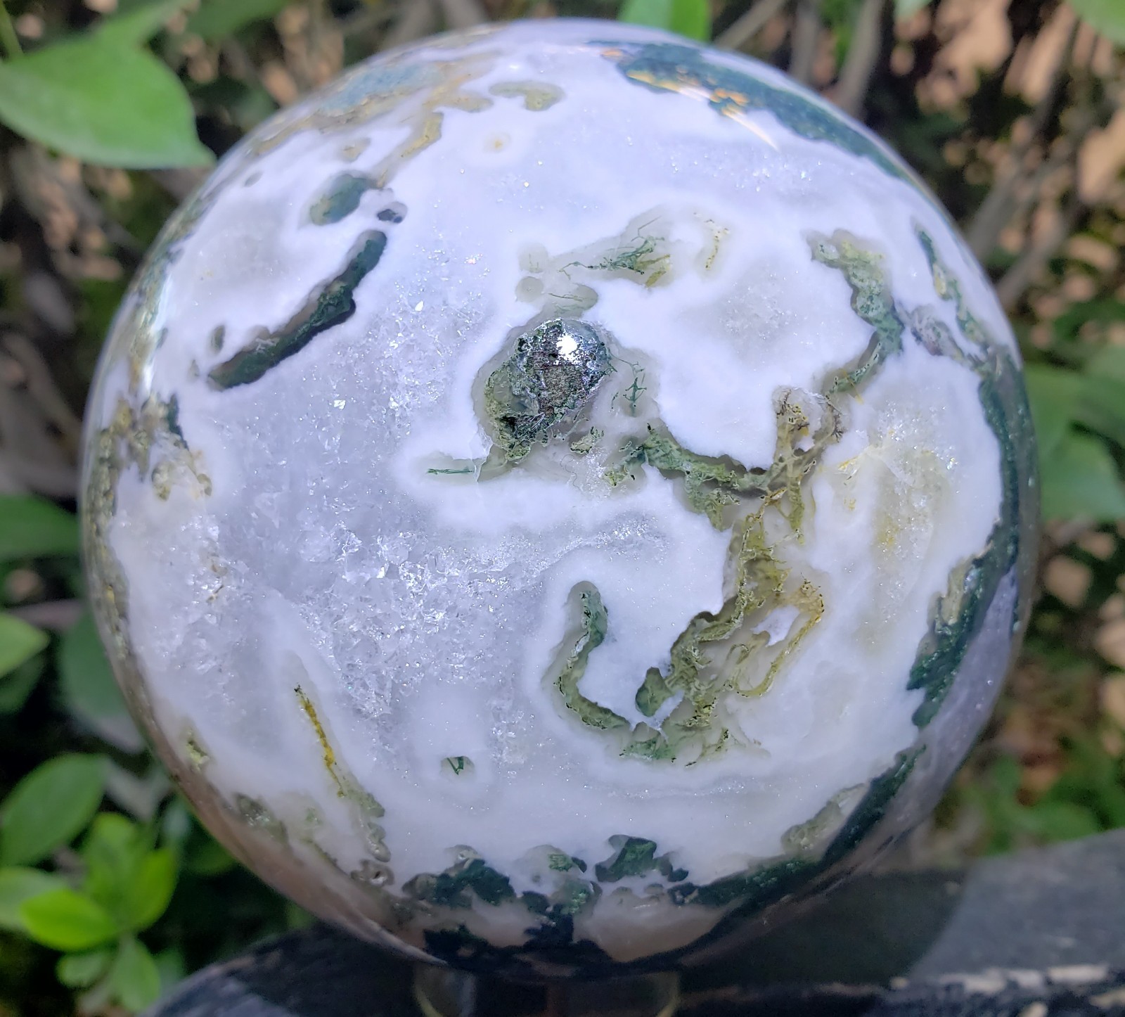 4″ Green Moss Agate Quartz Crystal Mineral Sphere Ball Orb UV Druzy, 1427g