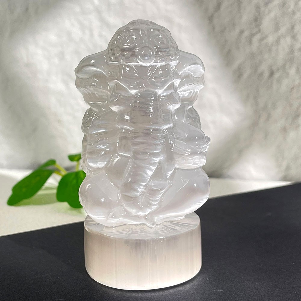 Natural Selenite Ganesha Statue Hand Carved Crystal Elephant God Healing Stone