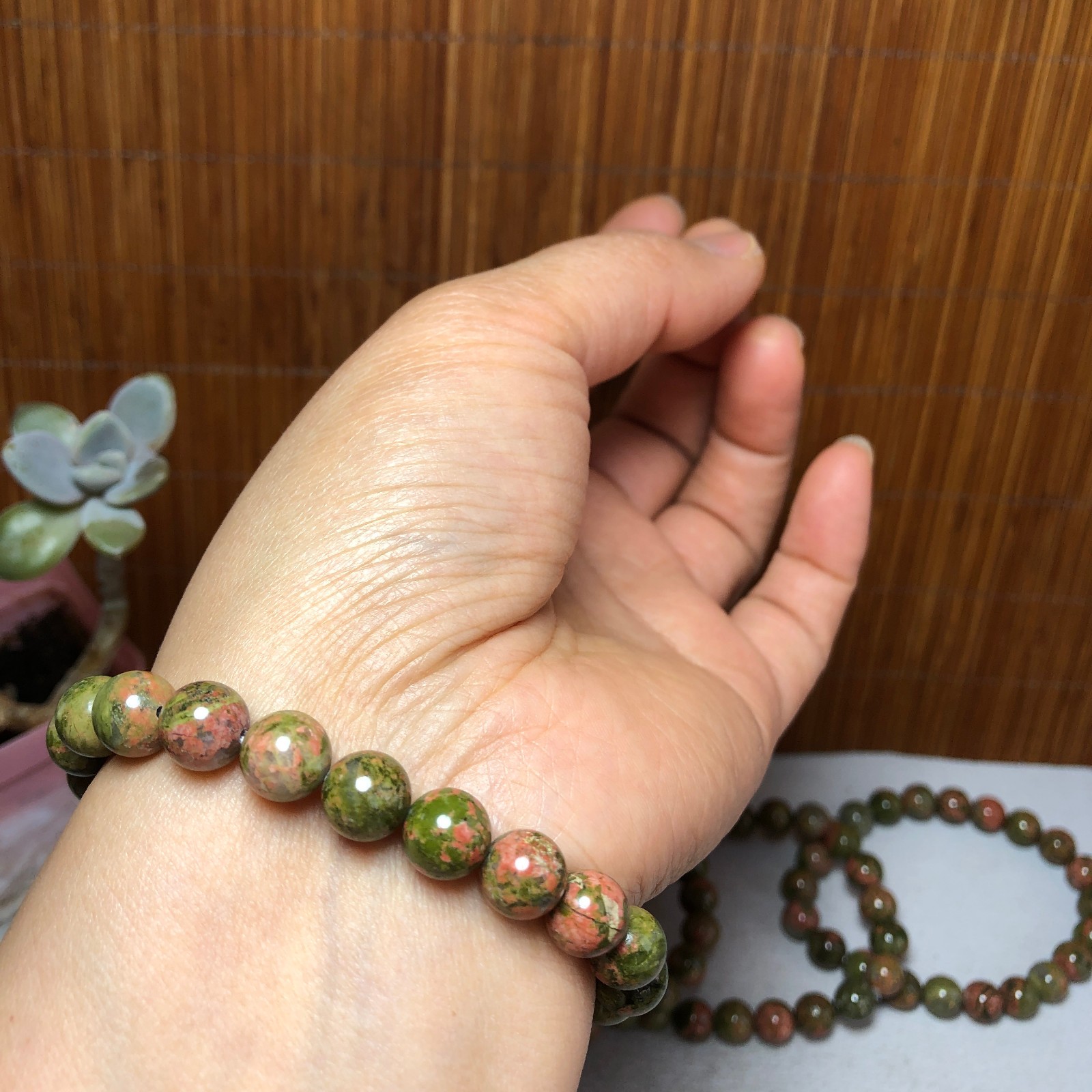 5Pcs Wholesal Natural Polish Unakite stone bracelets Crystal ball 8mm A3424
