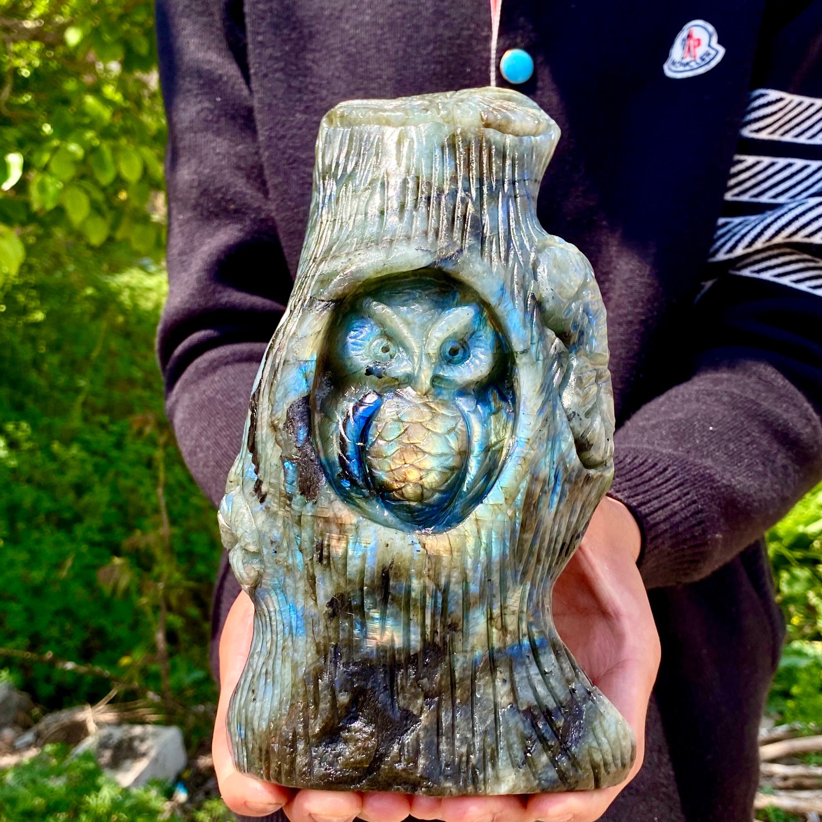 5.1LB Natural Labradorite Hand Carved Owl Figurine Crystal Healing Decor