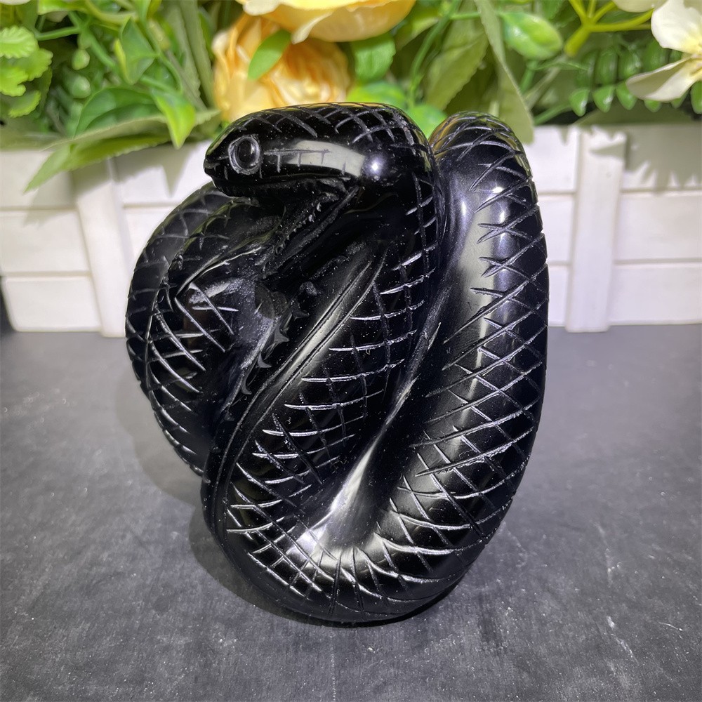 2.2LB 3.6″Natural Black Obsidian Snake Statue Crystal Reiki Heal Carving Decor