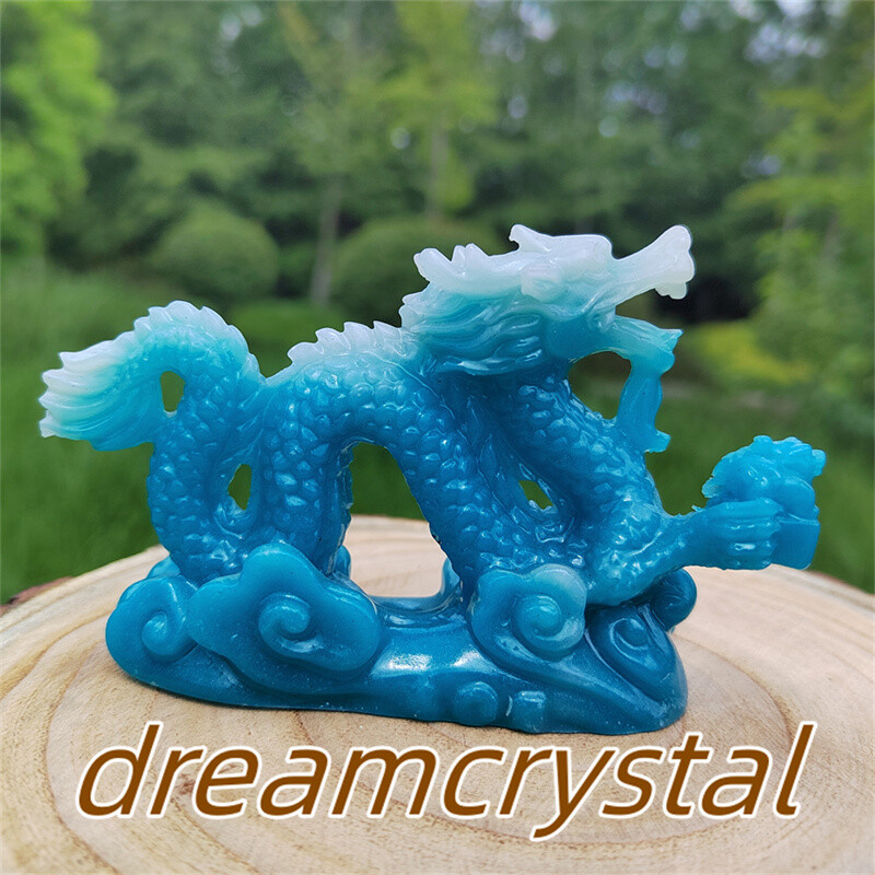 4″ Blue Luminous Stone Sculpture Chinese Dragon Resin Sculpture Skull Gift 1pc