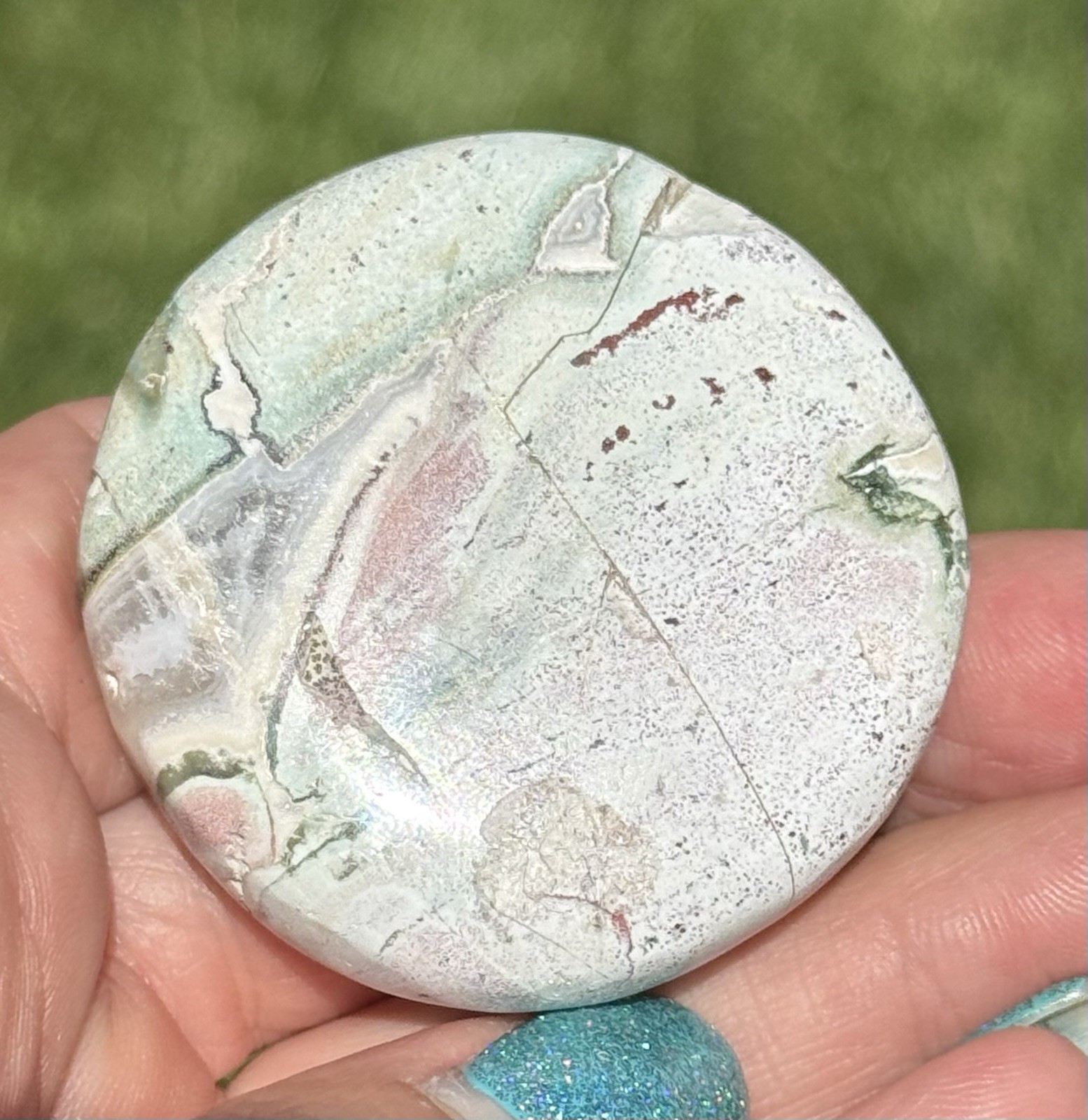 Unicorn Jasper Medallion Palm Stone Pastel Pink Green Crystal Healing India