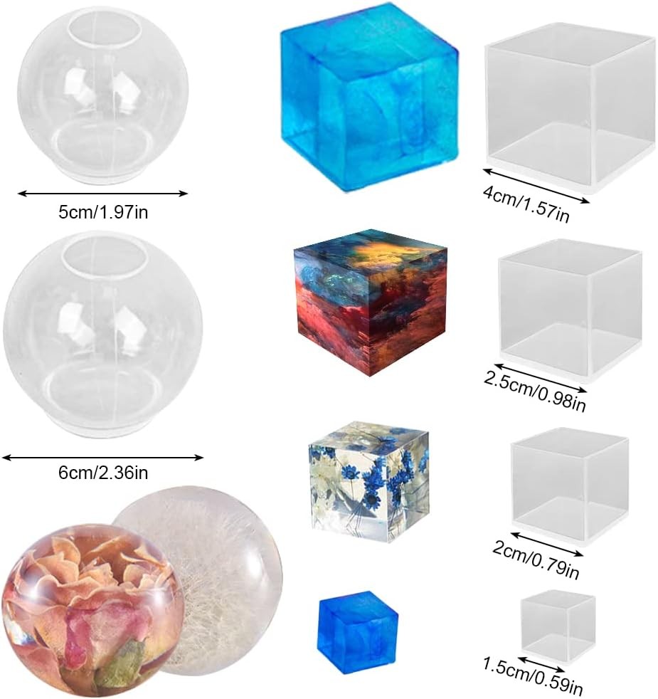 6 Pcs Sphere & Cube Resin Molds – Clear Silicone Epoxy Resin Molds for DIY Seam
