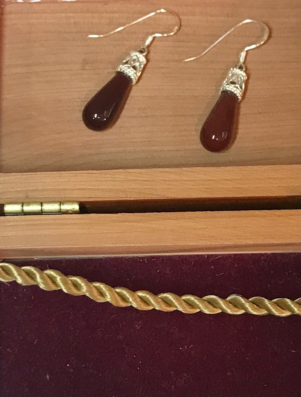 Faux Garnet Earrings Dangle from Silver Setting with Top Hook