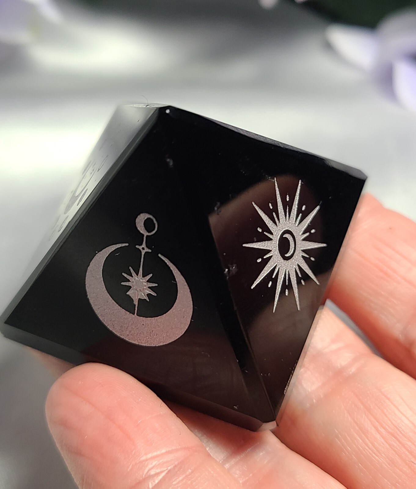 1.7″ Black Obsidian Sphere Crystal Pyramid Silver Engraved Moon & Stars Wiccan