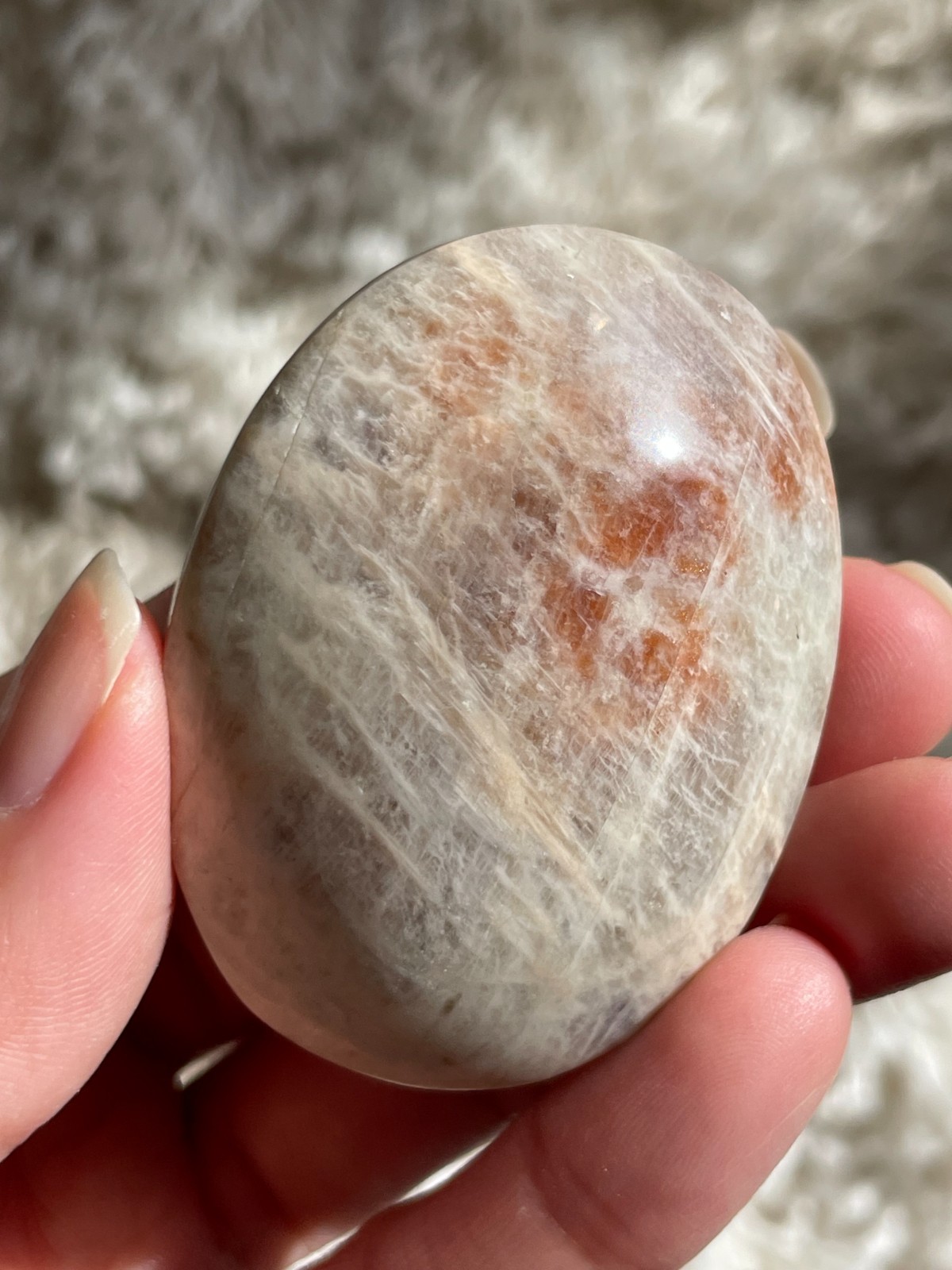 Rainbow Moonstone with Sunstone Palmstone, Medium – Light Flashes (MT)