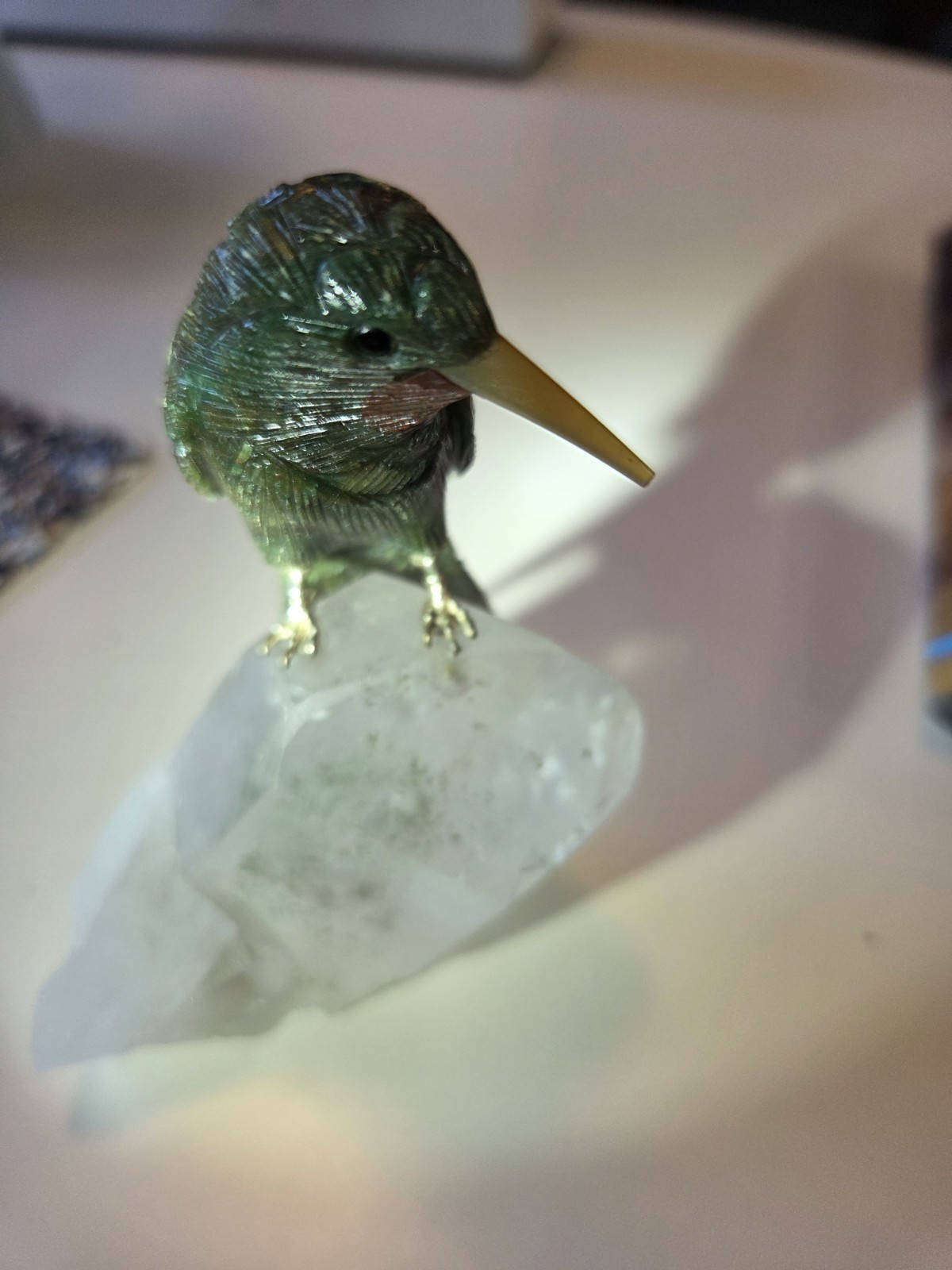 Peter Müller Carved Gemstone Hummingbird on Tourmalinated Quartz Crystal 4.5″