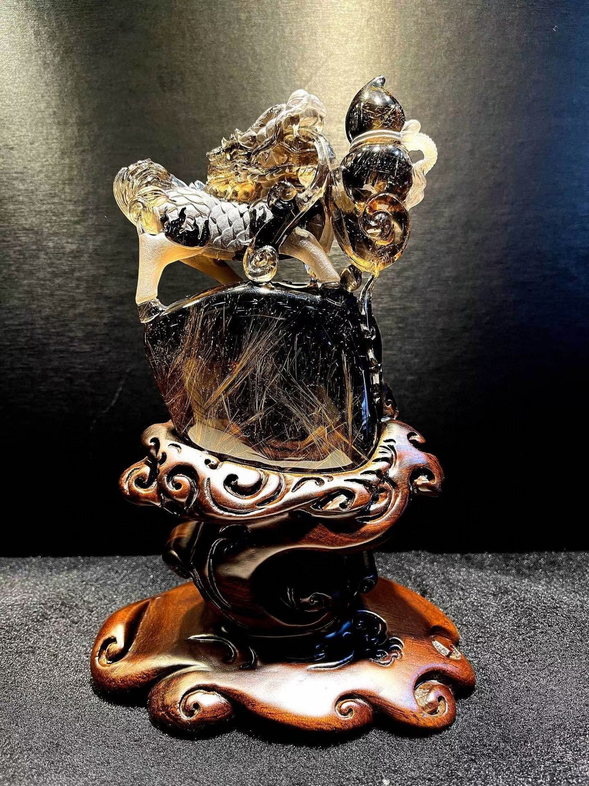 2.46LB Natural Rutile Quartz Hair Crystals Carved Chinese Dragon Skull + Stand