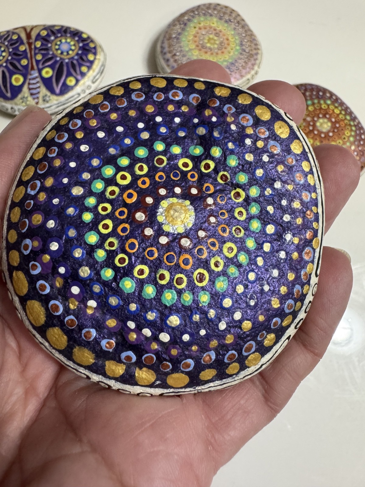 7 Mandala Stones Dot Artwork Rocks Meditation Butterfly Multicolor Hand Painted