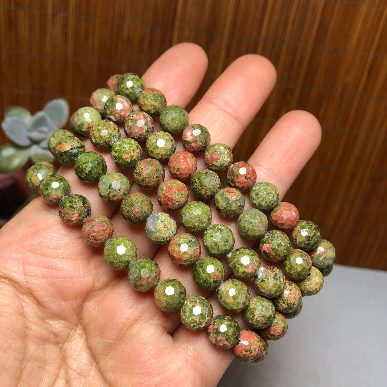 5Pcs Wholesal Natural Polish Unakite stone bracelets Crystal ball 8mm facet 3427