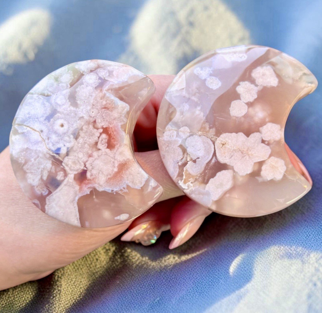 Pink Flower Agate Crescent Moon Set Aura Rose Quartz Heart Crystal Bundle 4pc