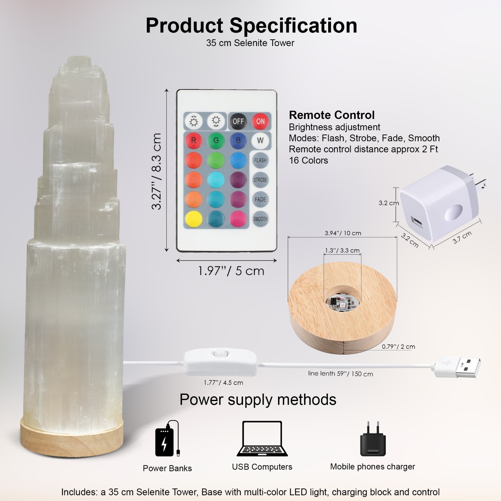XL Selenite Tower Lamp 14″-35cm with wood base multicolor LED light from Morroco