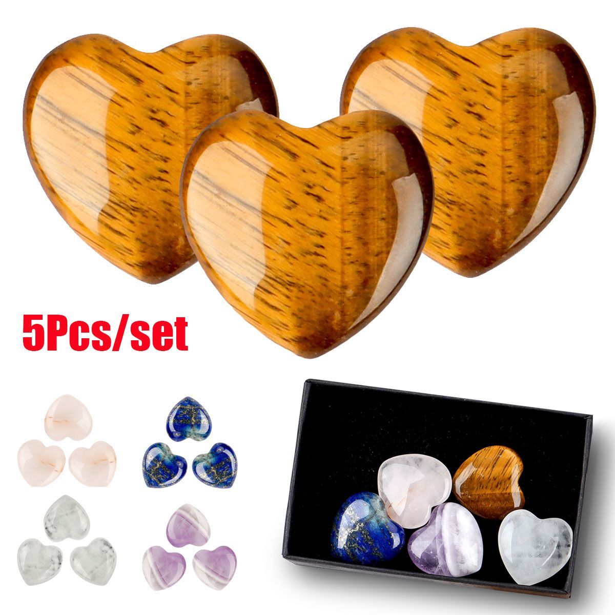 5PC Rose Quartz Pocket Palm Worry Stones Heart Natural Energy Crystal Polished