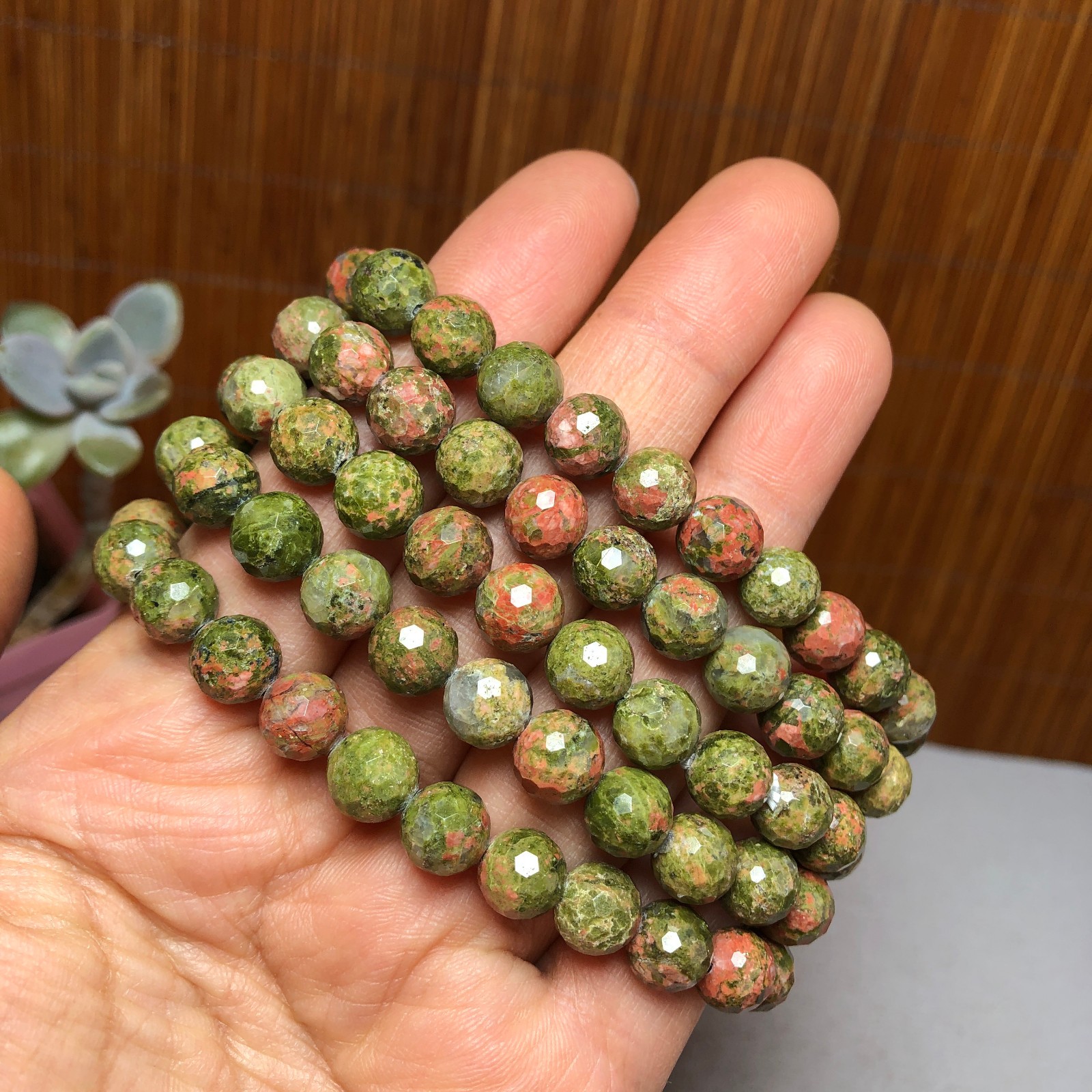 5Pcs Wholesal Natural Polish Unakite stone bracelets Crystal ball 8mm facet 3427