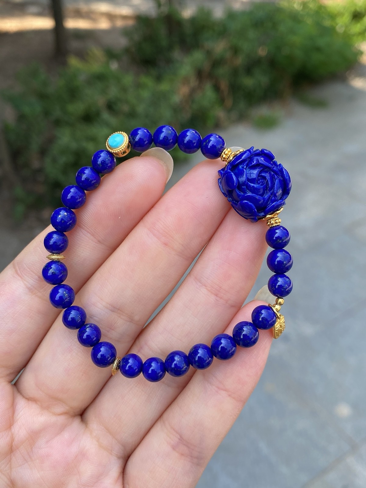 Natural Lapis Single Bracelet Hand Carved Peony Gem Ethnic Layering Wrist Decor