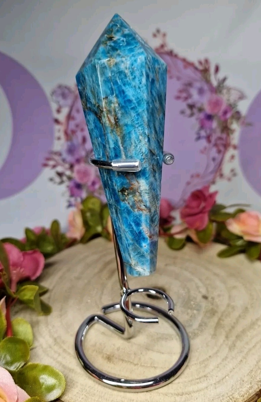 High Quality Brazillian Blue Green Apatite Crystal Point Wand 110mm 158g & Stand
