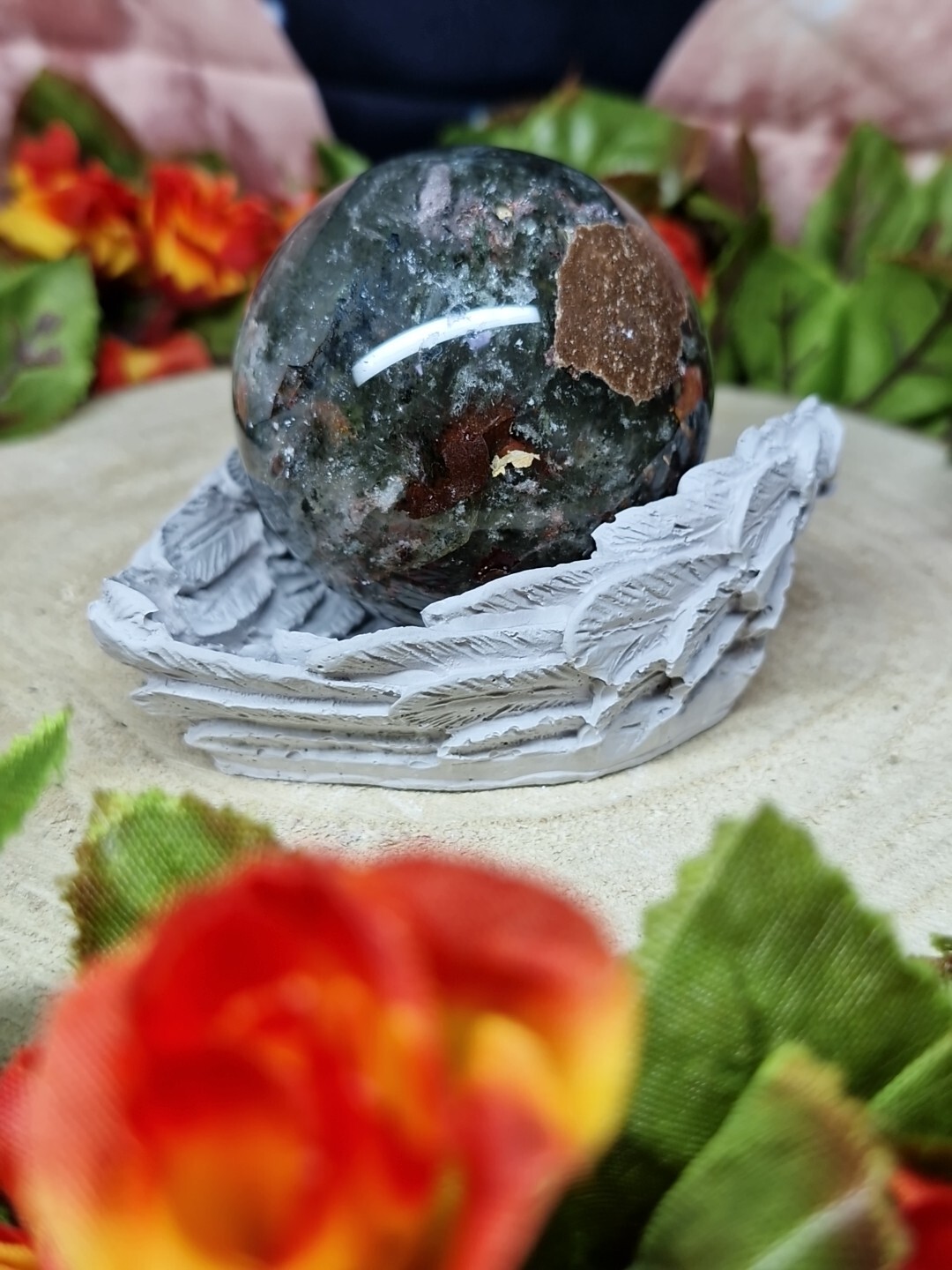 Beautiful Garden Quartz Crystal Sphere 5cm 176g & Handmade Wing Holder