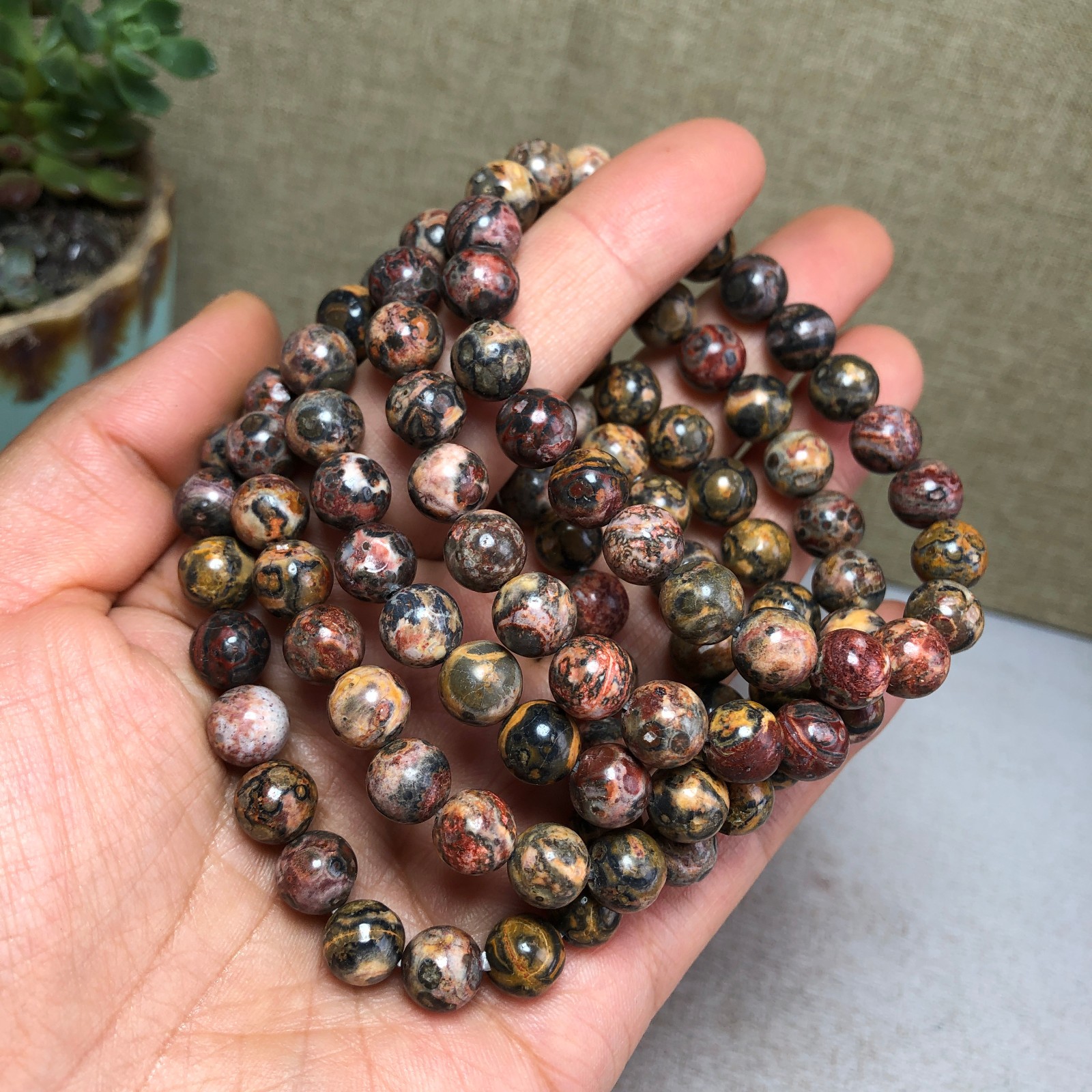 5pcs Natural Leopard stone gemstone Crystal chain bracelet Specimen 8mm T4766