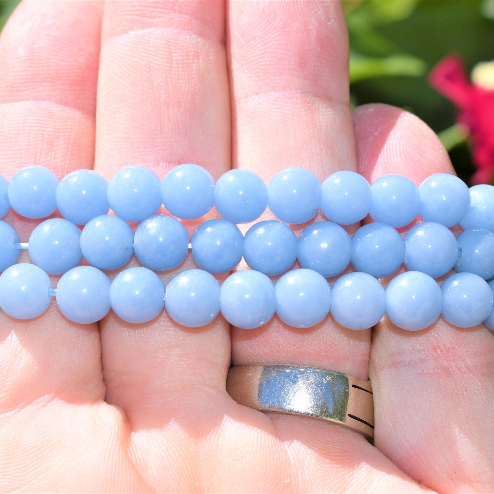CHARGED Angelite Crystal 8mm Bead Stretchy Bracelet + Selenite Puffy Heart