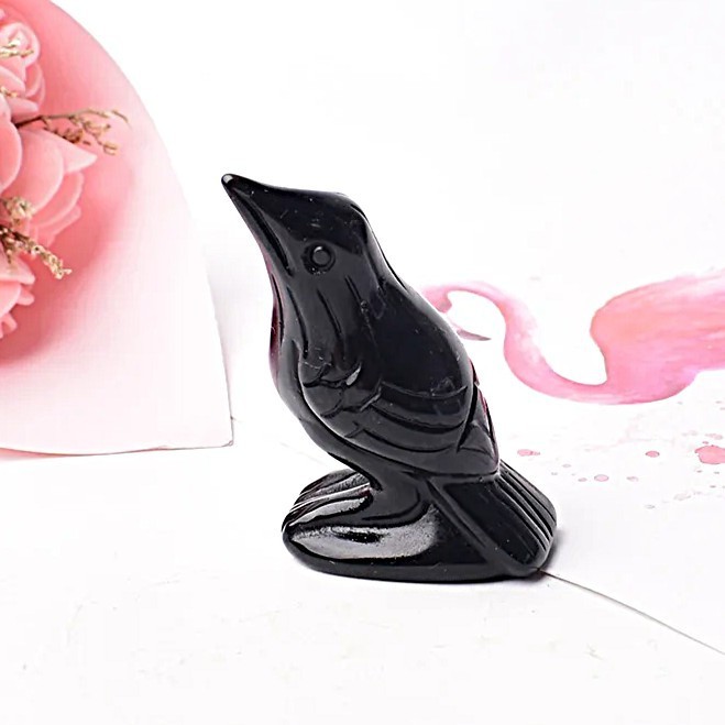 Raven Statue Home Decor Natural Obsidian Carved Gemstone Crow Bird Figurine