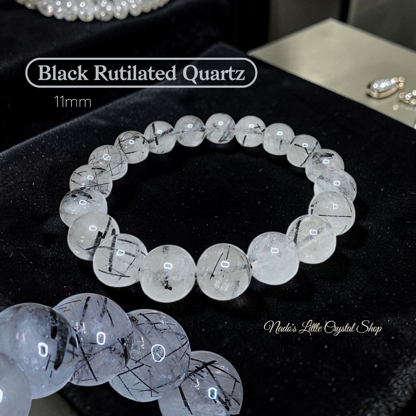 Black Rutilated Quartz 11mm Unisex Bracelet 7.5 Inches