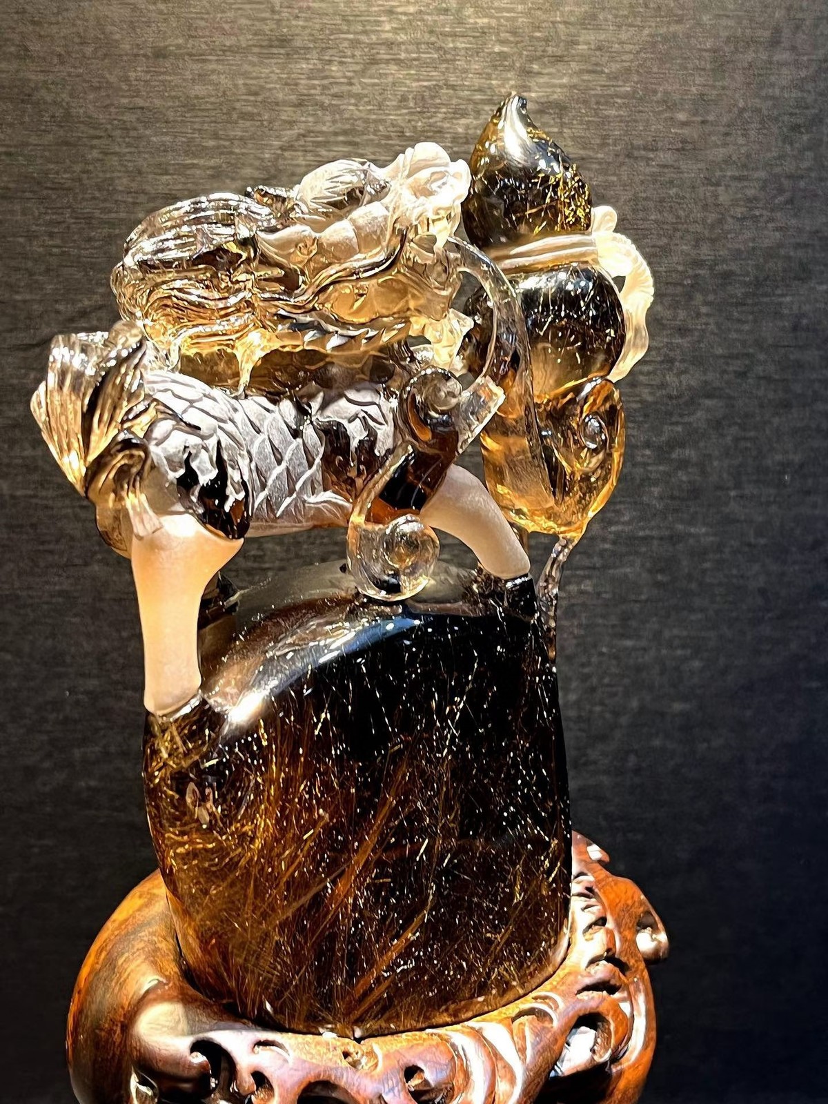2.46LB Natural Rutile Quartz Hair Crystals Carved Chinese Dragon Skull + Stand