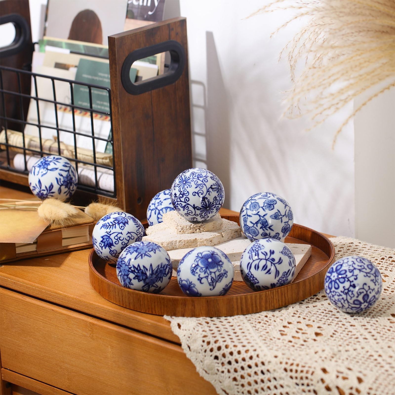 Vesici 9 Pcs Blue and White Porcelain Balls Decorative Chinoiserie Orbs for…